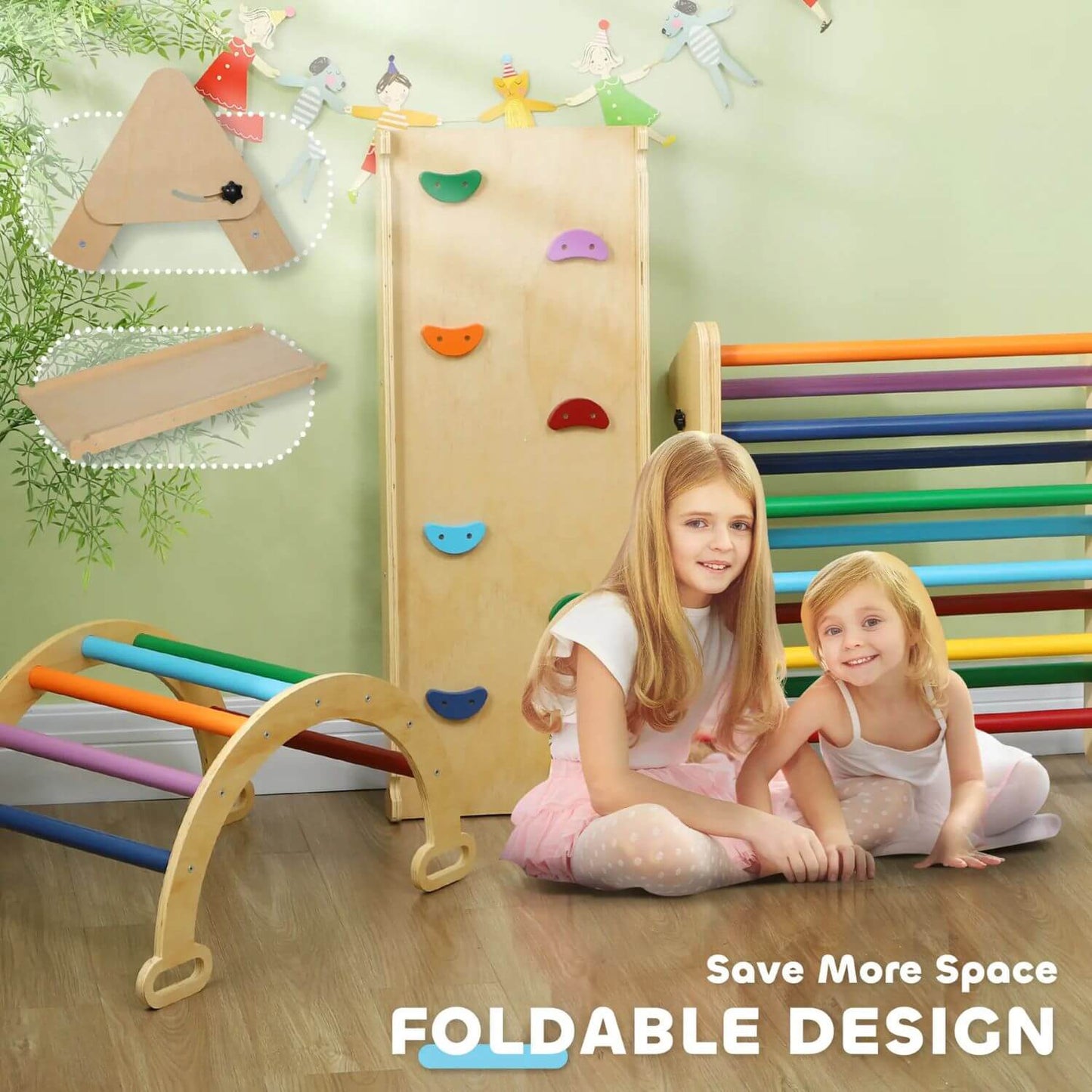 Two Girls Sitting next to Qaba 5-in-1 Wooden Pikler Triangle Set Multicolor