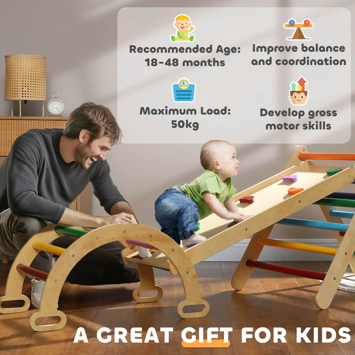 Father & Baby Playing Qaba 5-in-1 Wooden Pikler Triangle Set Multicolor