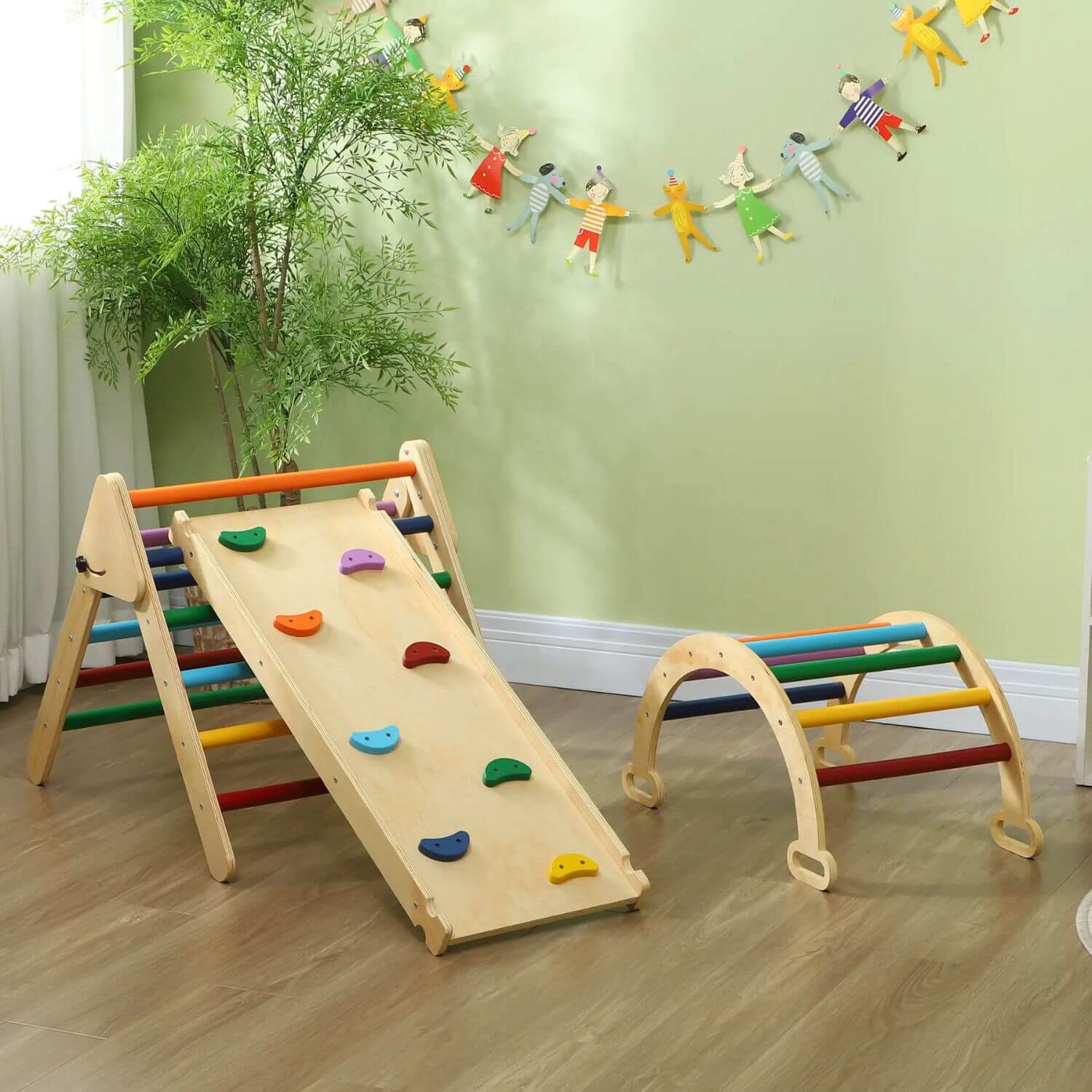 Qaba 5-in-1 Wooden Pikler Triangle Set Multicolor