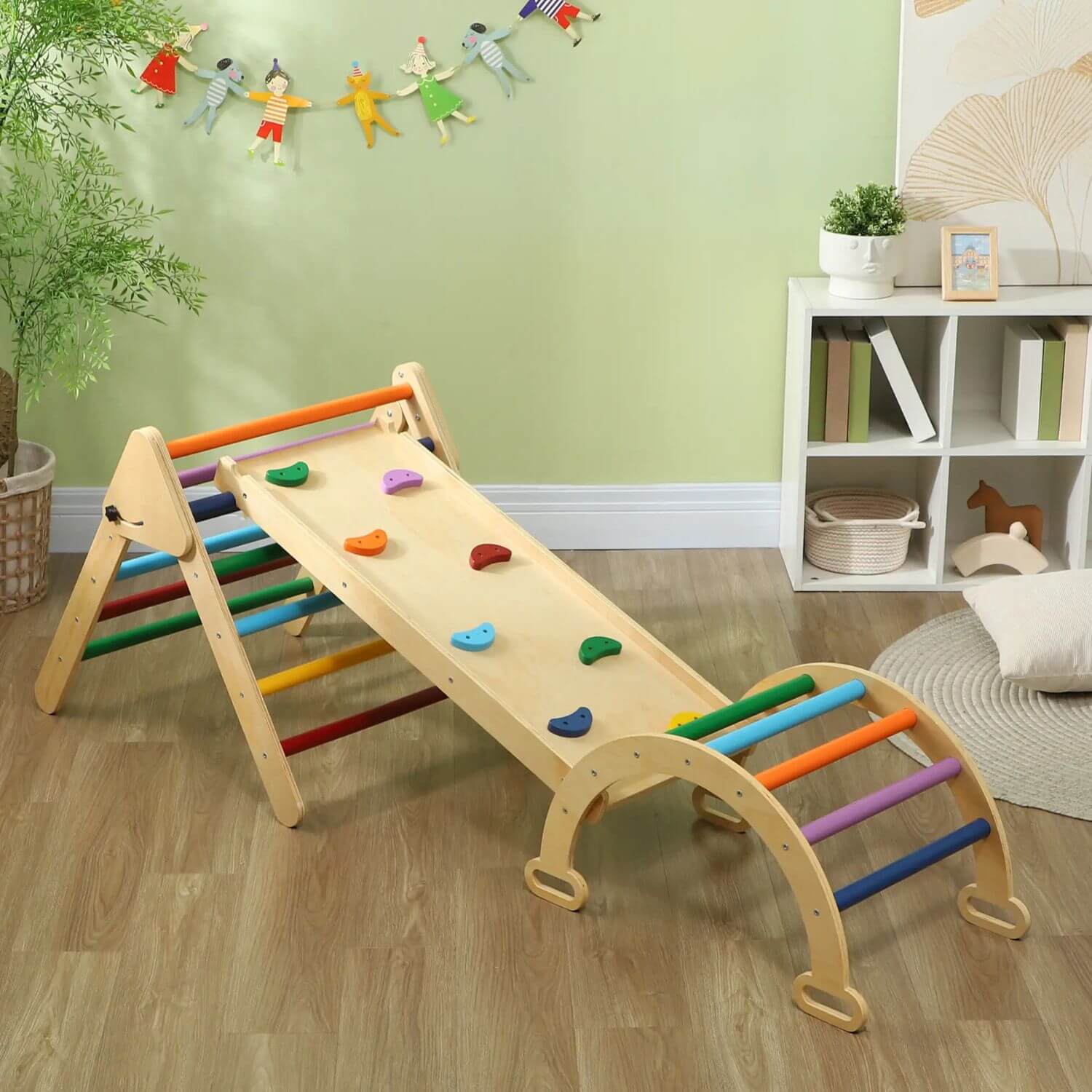 Qaba 5-in-1 Wooden Pikler Triangle Set Multicolor