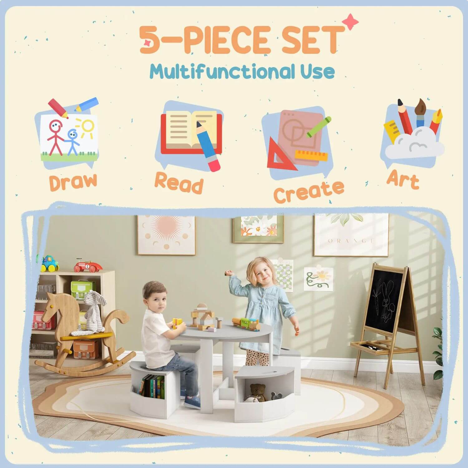 Kids Playing at Qaba 5 Piece Kids Table and Chairs Set with Storage Gray