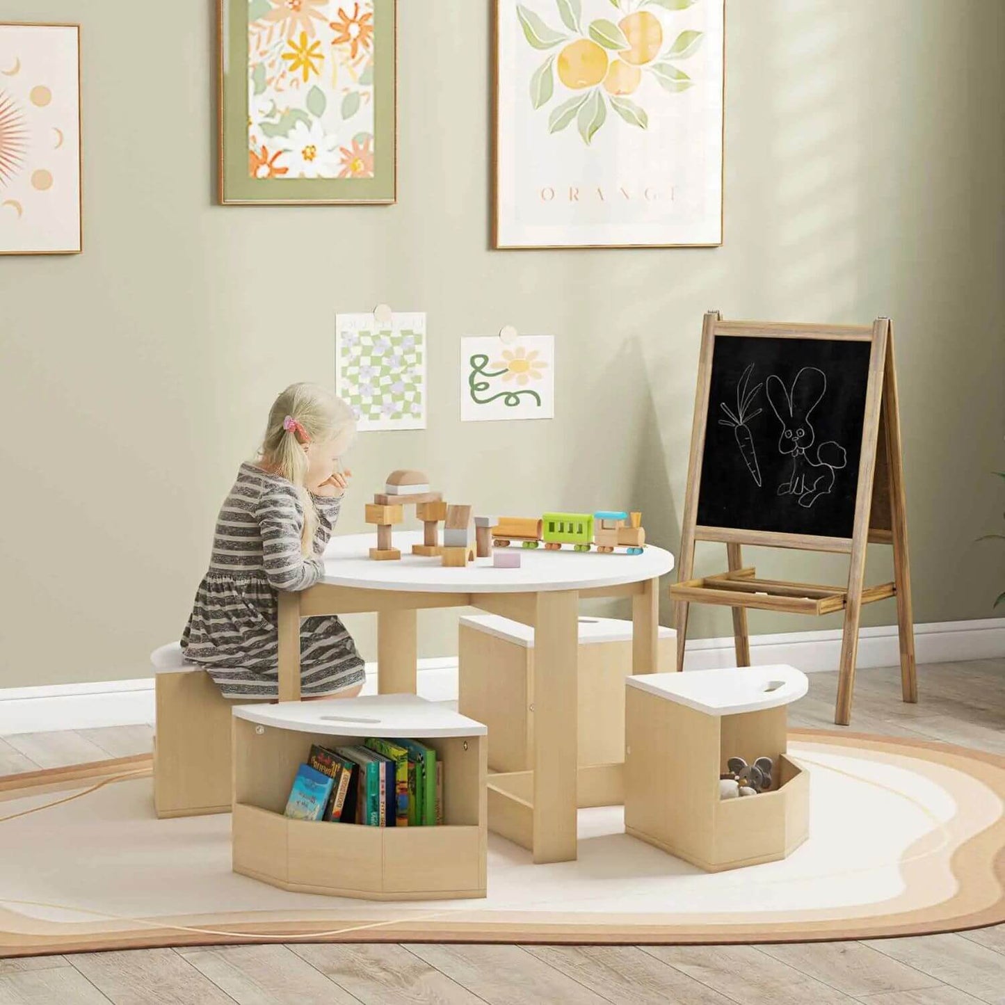 Girl Playing at Qaba 5 Piece Kids Table and Chairs Set with Storage White