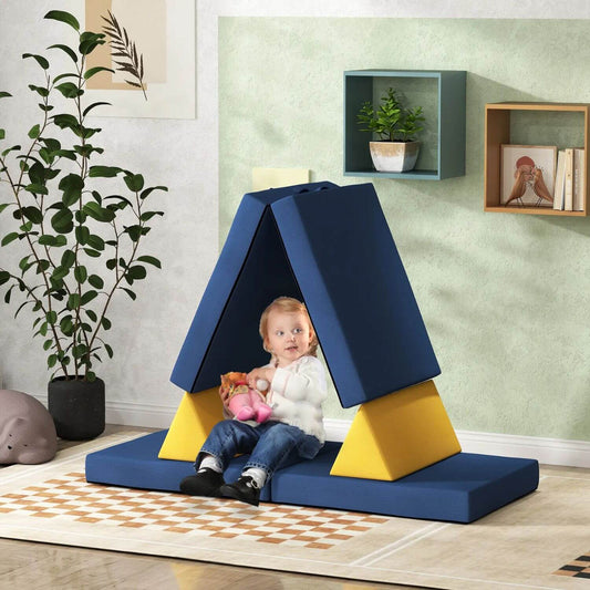 Boy Sitting on Qaba 6-Piece Foam Climbing Blocks Blue