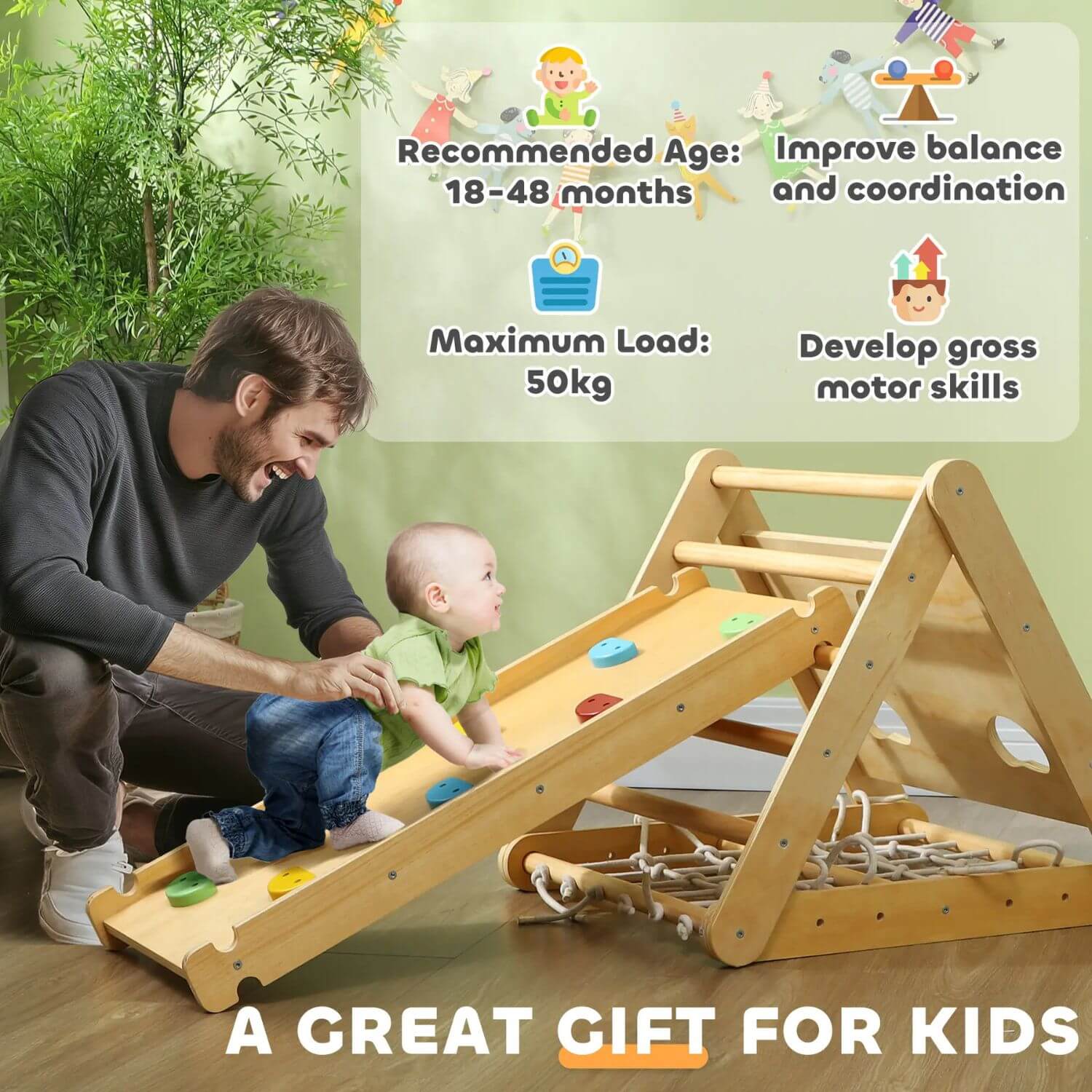 Dad & Baby Playing Qaba 7-in-1 Pikler Triangle Set Multicolored