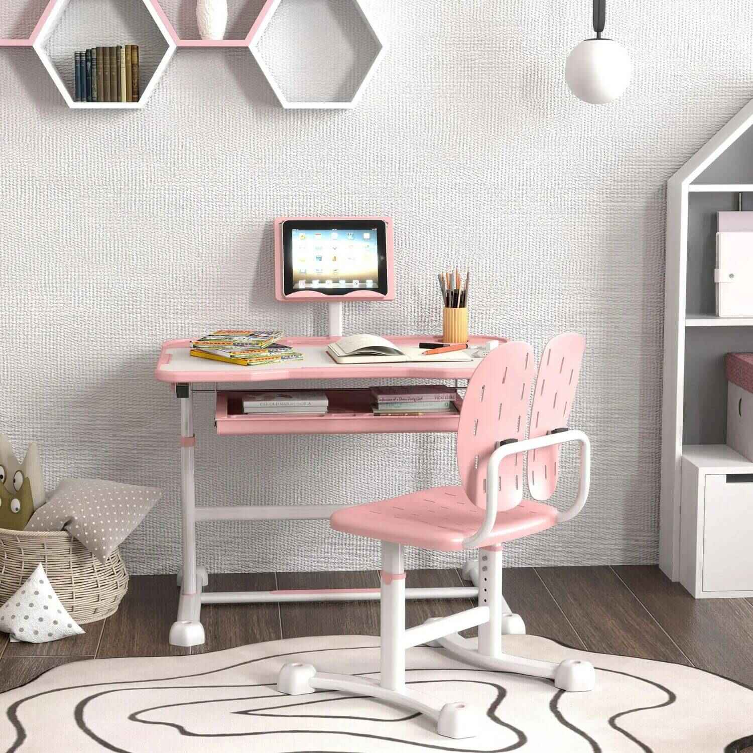 Qaba Adjustable Kids Desk and Chair Set with Tilt Desktop & Storage Pink