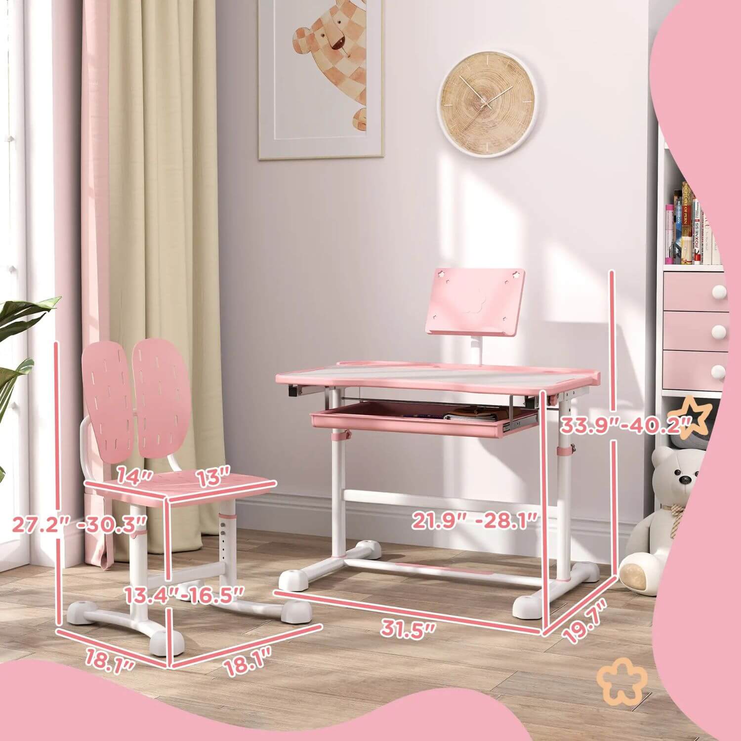 Qaba Adjustable Kids Desk and Chair Set with Tilt Desktop & Storage Pink