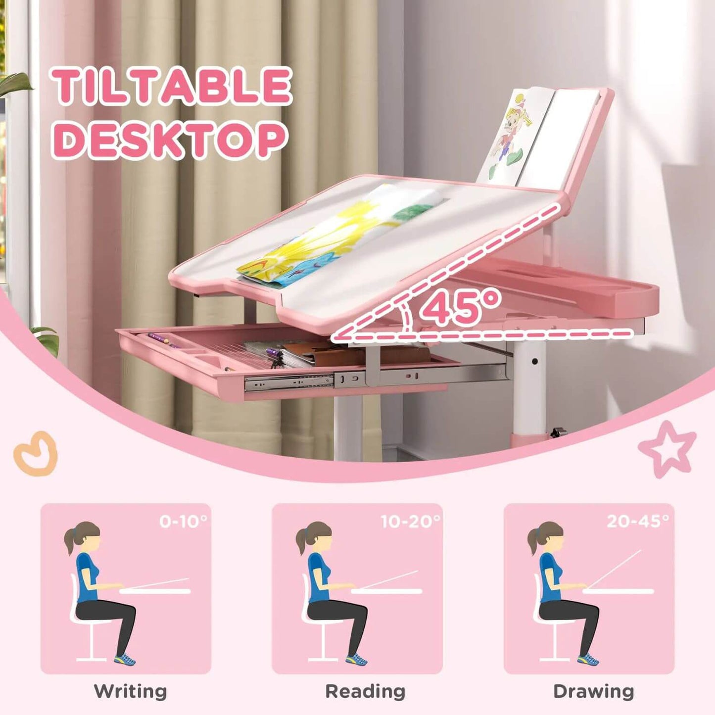 Detail of Qaba Adjustable Kids Desk and Chair Set with Tilt Desktop & Storage Pink