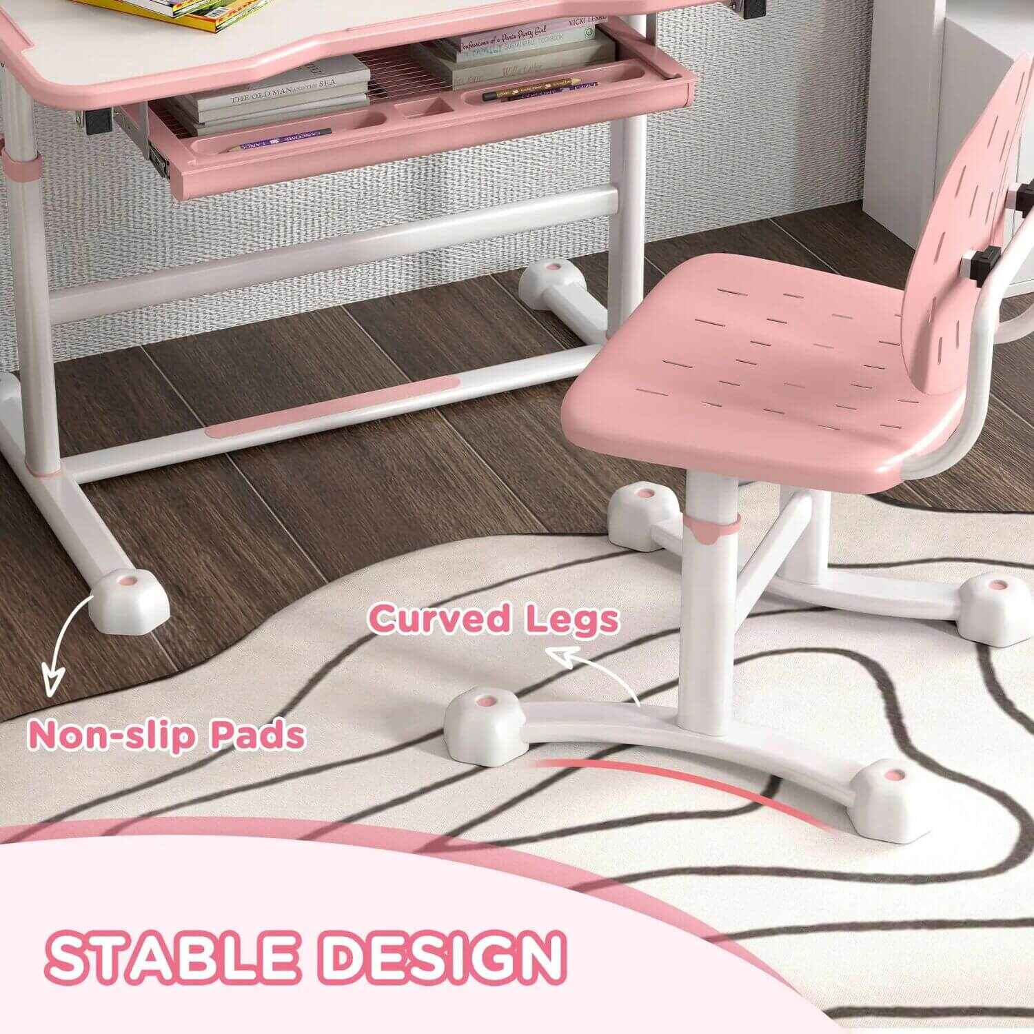 Details of Qaba Adjustable Kids Desk and Chair Set with Tilt Desktop & Storage Pink