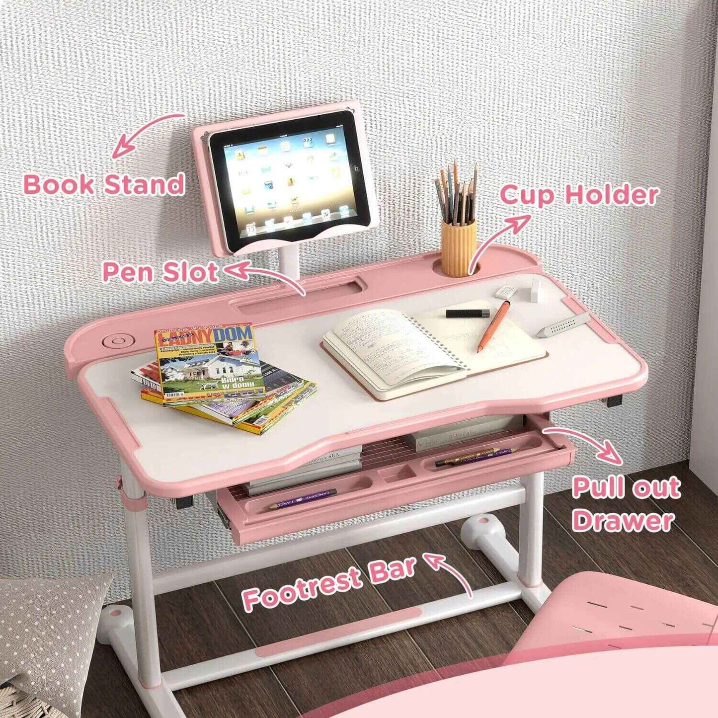 Qaba Adjustable Kids Desk and Chair Set with Tilt Desktop & Storage Pink