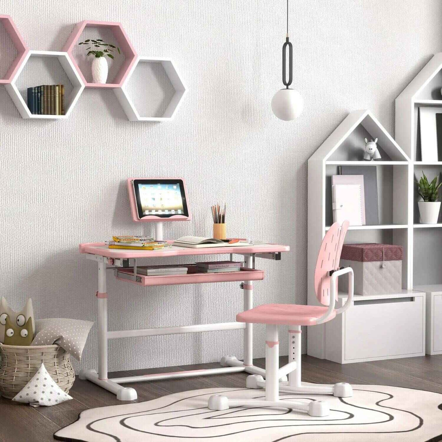 Qaba Adjustable Kids Desk and Chair Set with Tilt Desktop & Storage Pink