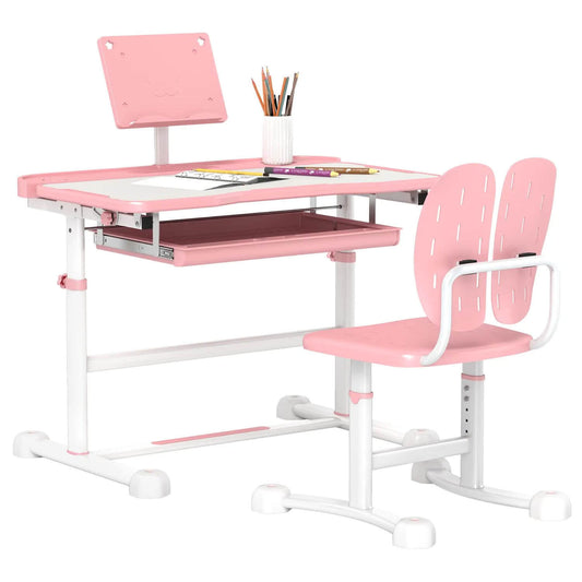 Qaba Adjustable Kids Desk and Chair Set with Tilt Desktop & Storage Pink
