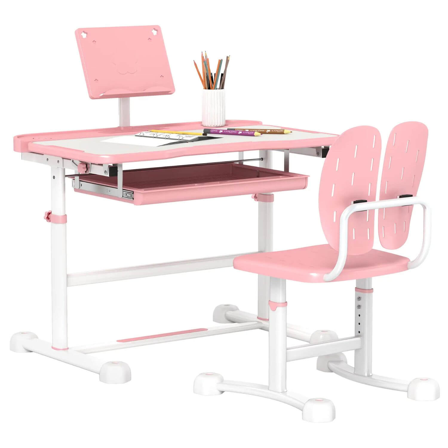 Qaba Adjustable Kids Desk and Chair Set with Tilt Desktop & Storage Pink