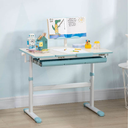 Qaba Height Adjustable Children School Study Table with Tilt Desktop Blue with various stationery items against a light blue wall.