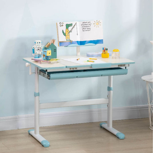 Qaba Height Adjustable Children School Study Table with Tilt Desktop Blue with various stationery items against a light blue wall.