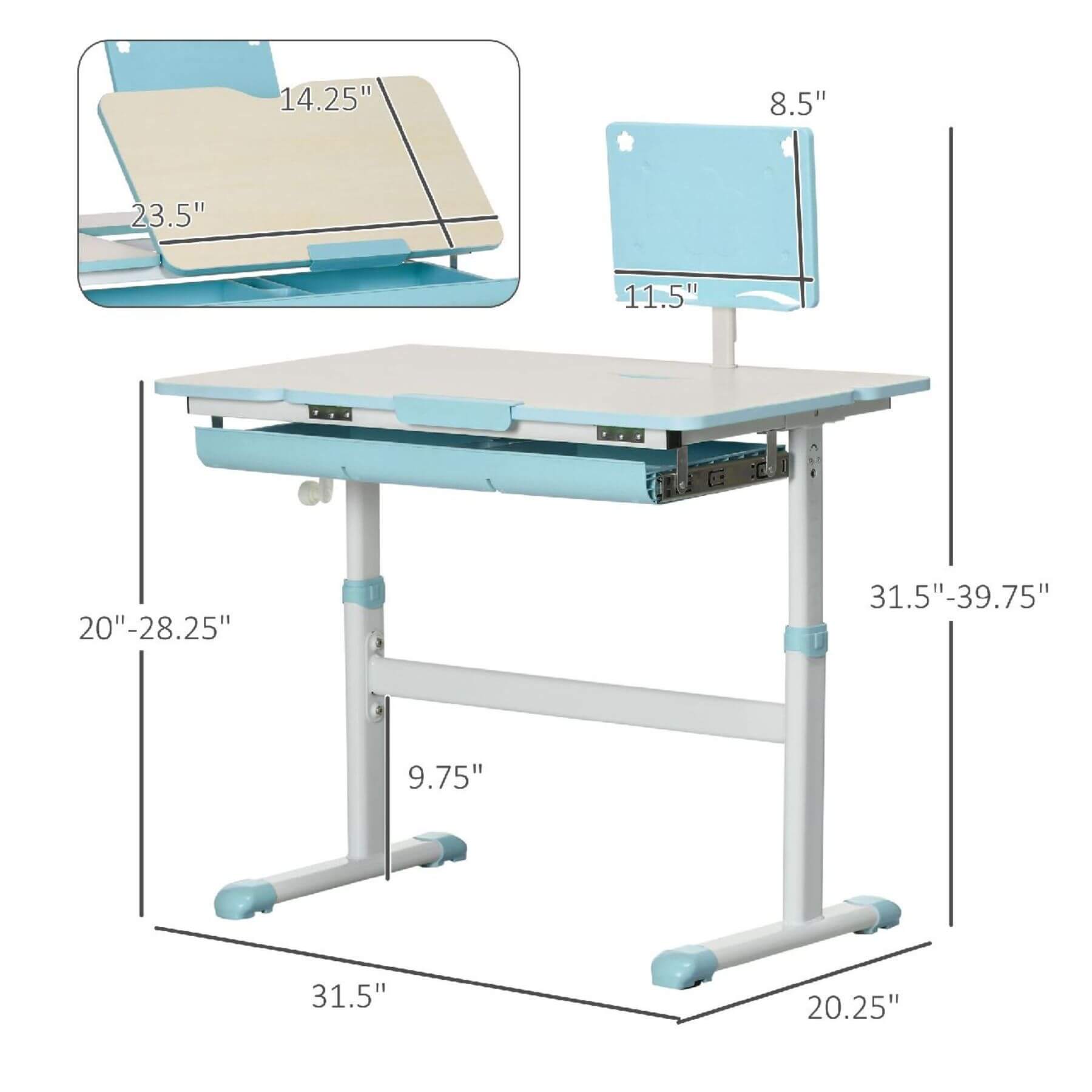 Qaba Height Adjustable Children School Study Table with Tilt Desktop Blue, showing dimensions on a white background.