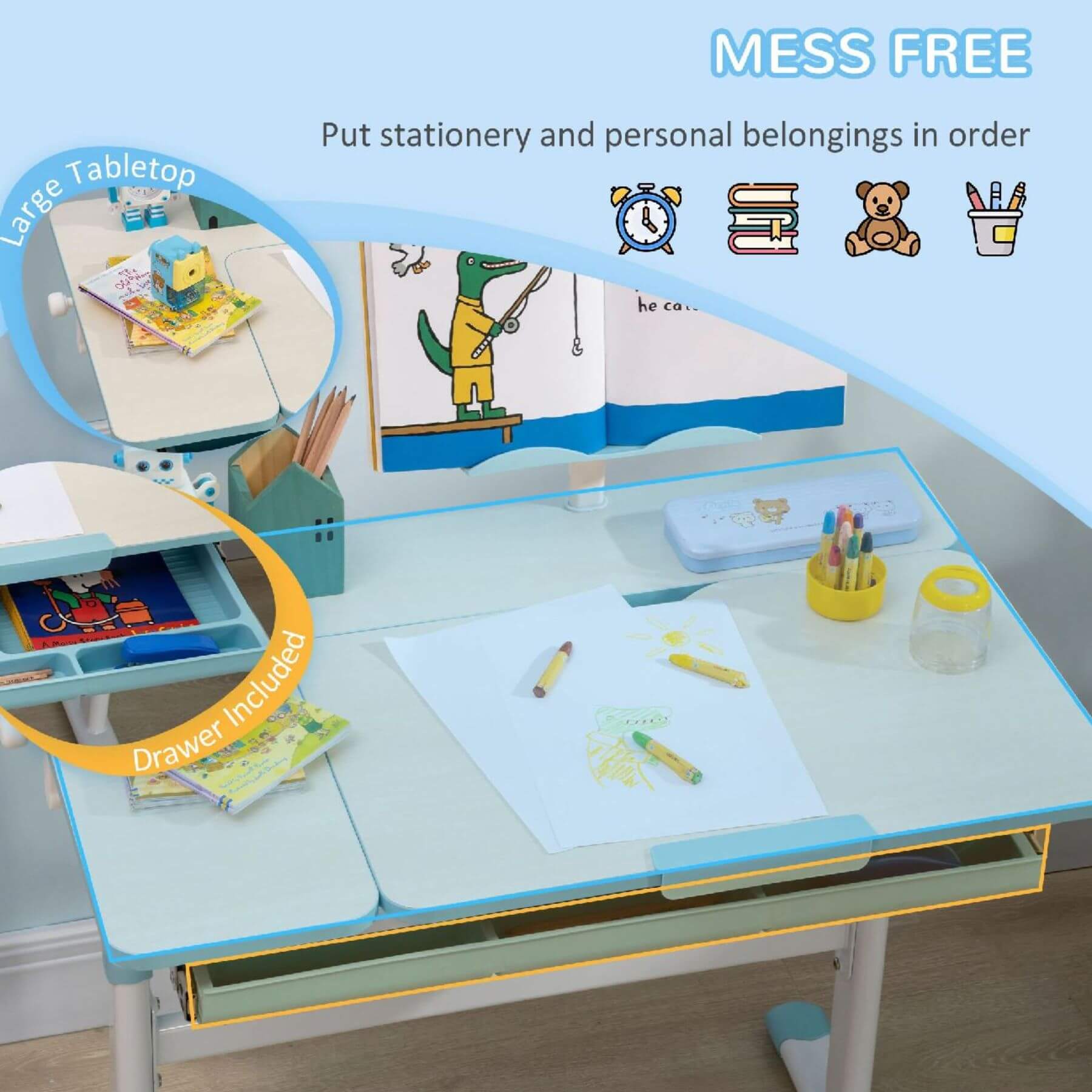 Children's desk with various stationery items and a large tabletop drawer, emphasizing organization.