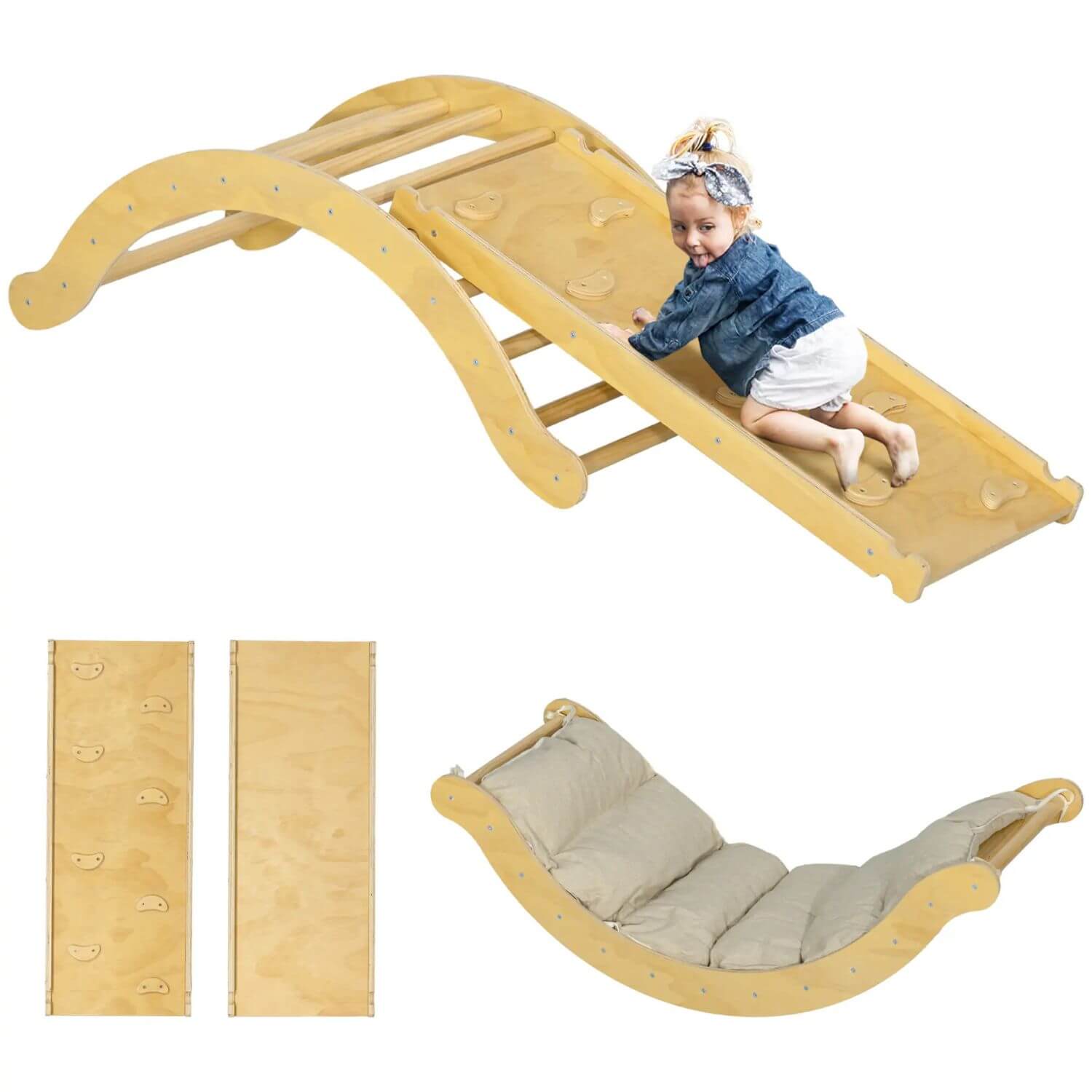 Girl Playing Qaba 4-in-1 Indoor Toddler Climbing Toy Set Wood