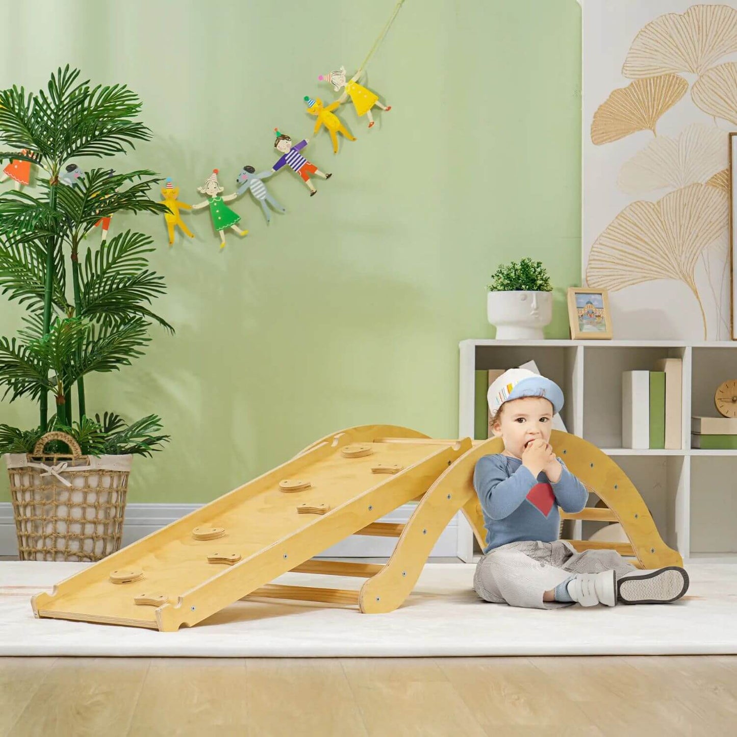 Baby Sitting next to Qaba 4-in-1 Indoor Toddler Climbing Toy Set Wood