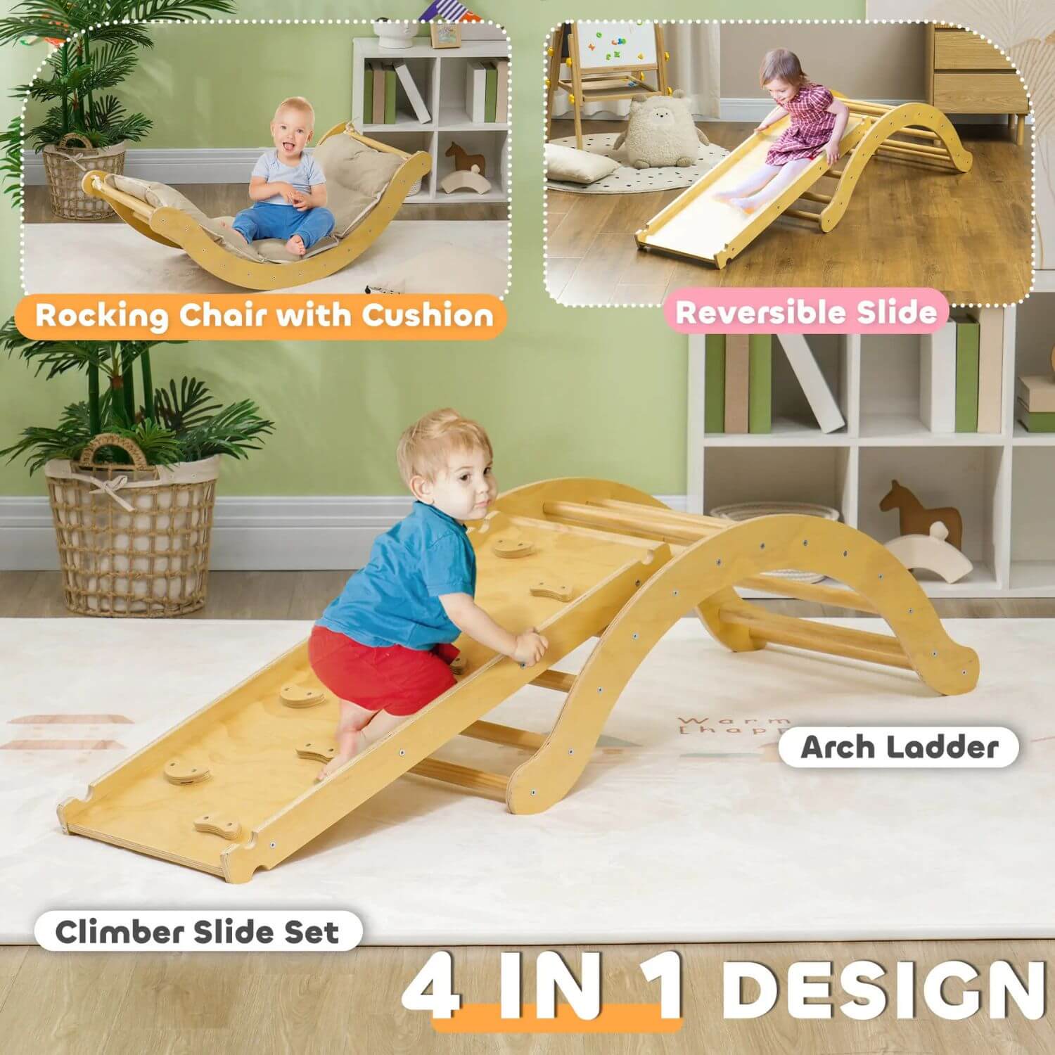 Baby Playing Qaba 4-in-1 Indoor Toddler Climbing Toy Set Wood