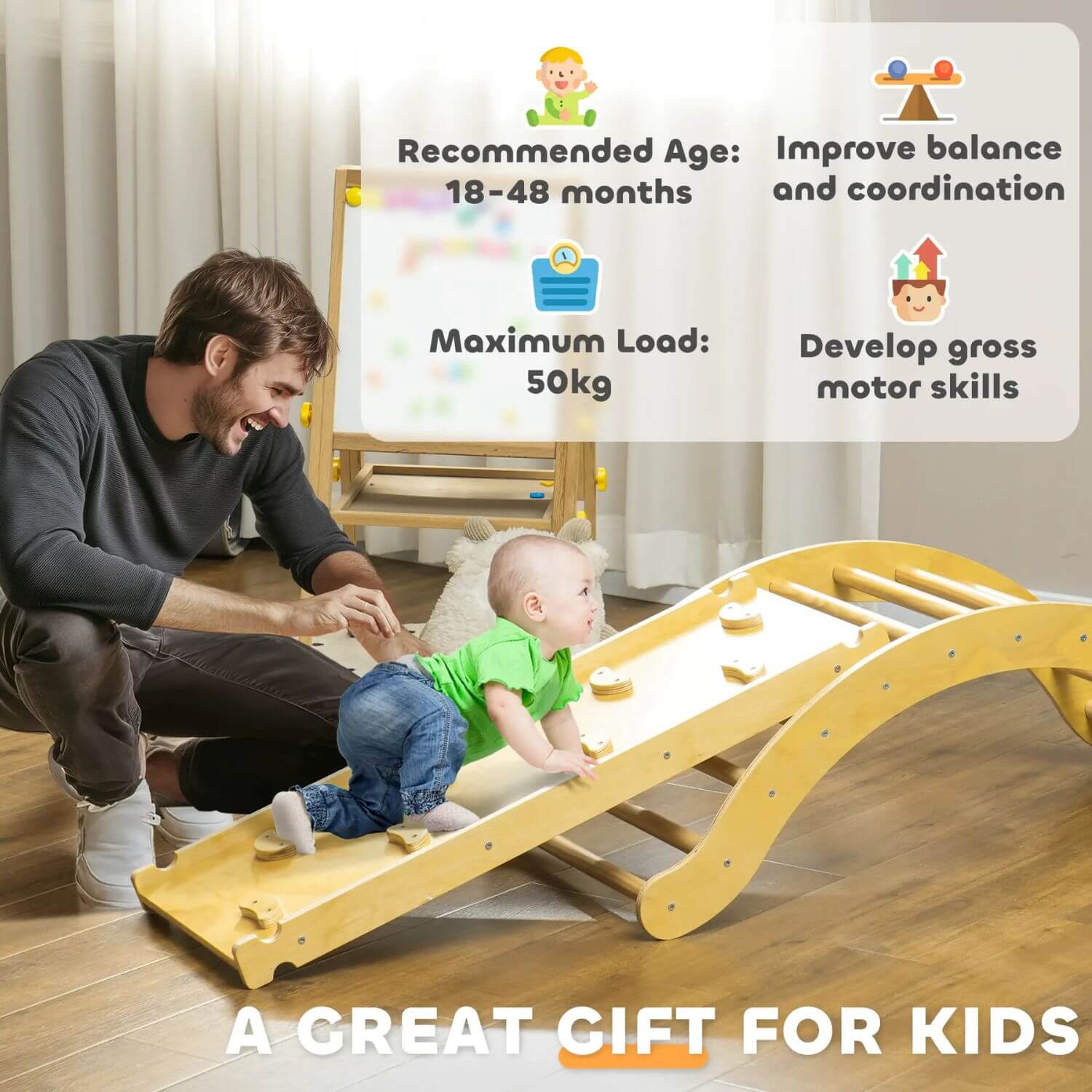 Dad w/ Baby Playing Qaba 4-in-1 Indoor Toddler Climbing Toy Set Wood