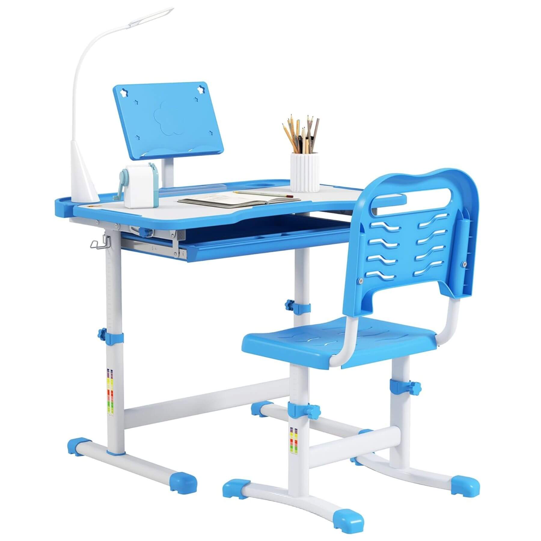 Qaba Kids Desk and Chair Set with USB Light, Storage Drawer Blue