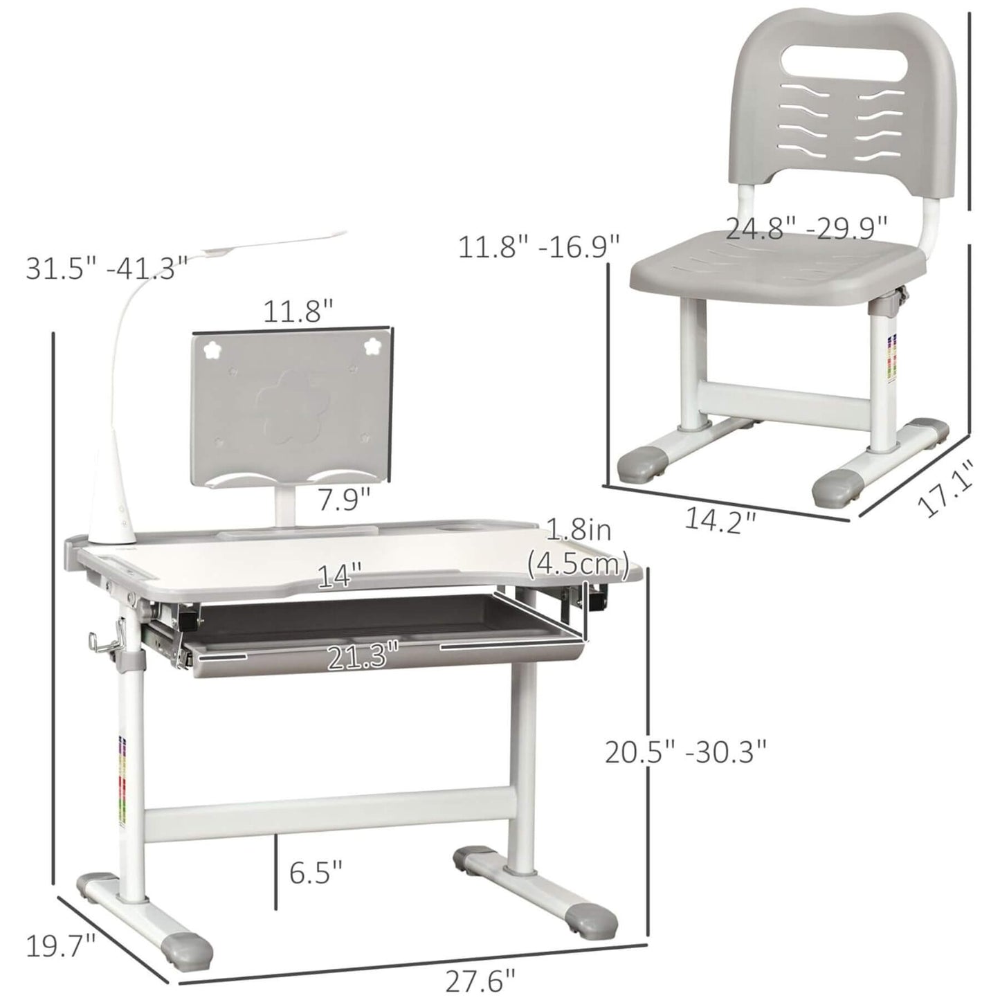 Qaba Kids Desk and Chair Set with USB Light, Storage Drawer Grey with Dimensions