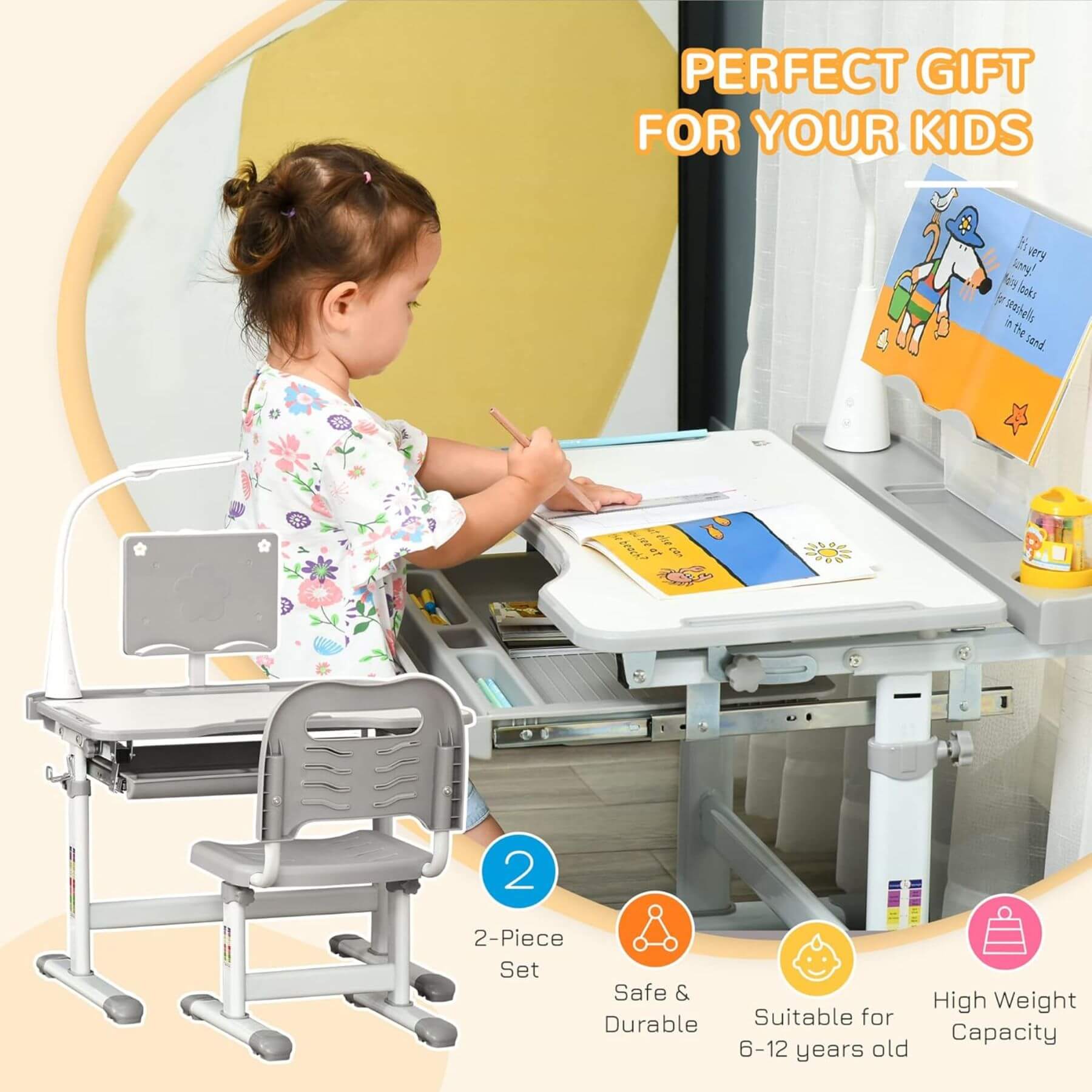 Child using Qaba Kids Desk and Chair Set with USB Light, Storage Drawer Grey, surrounded by educational materials.
