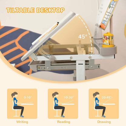 Tiltable desktop with adjustable angles for different activities and a thermometer on the side.