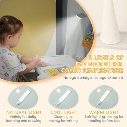 Child using a desk with a lamp, showing three levels of eye protection color temperature.