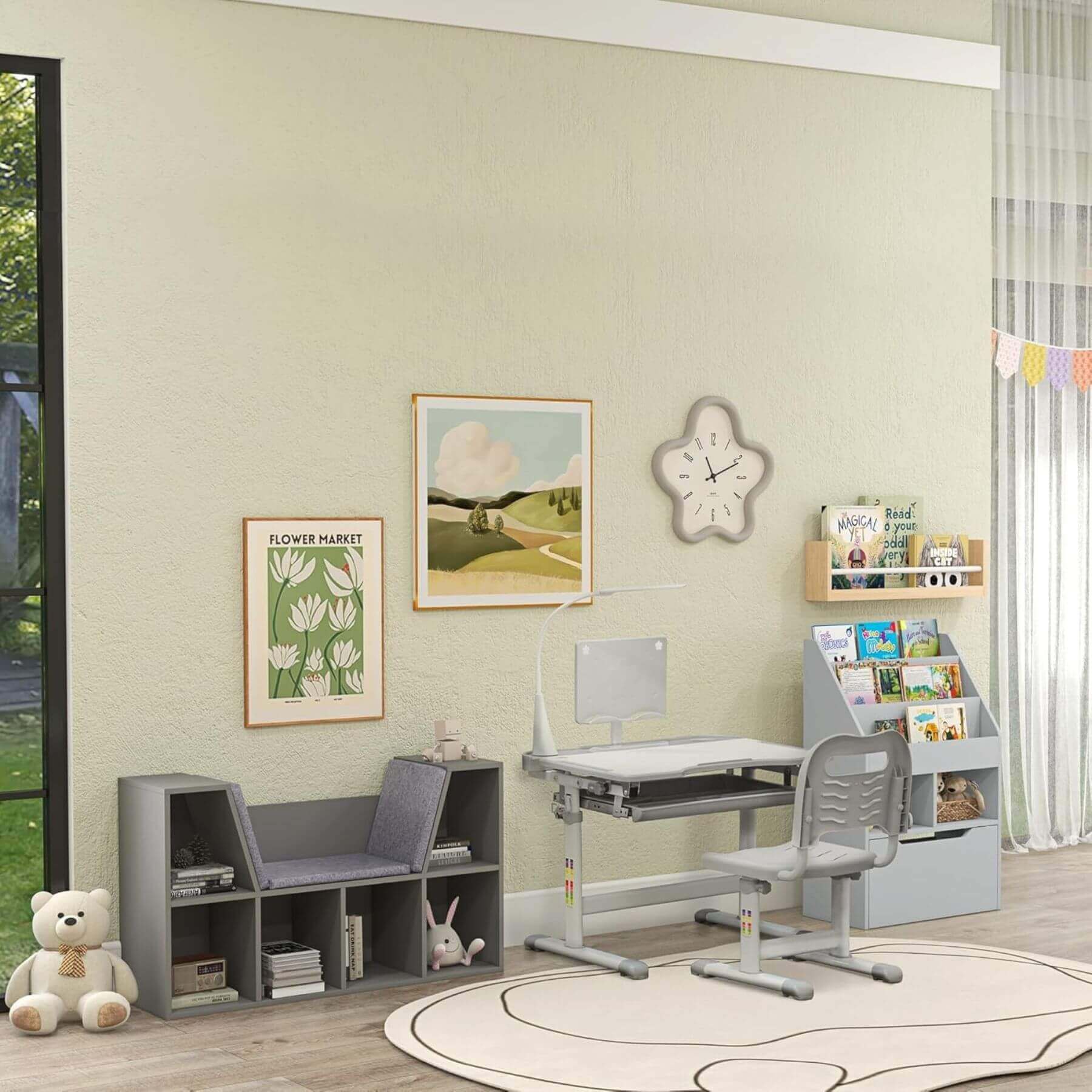 Qaba Kids Desk and Chair Set with USB Light, Storage Drawer Grey in a room with décor elements.