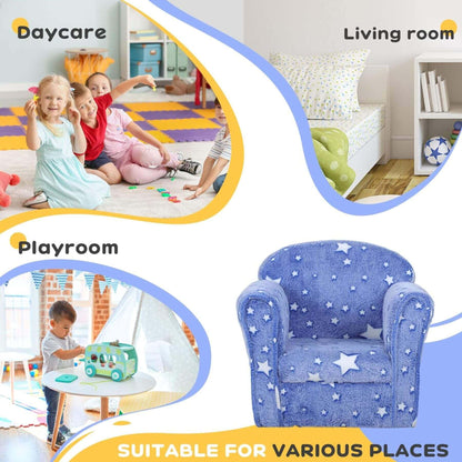 Collage of a daycare, living room, and playroom with Qaba Kids Sofa with Glowing Star Design Blue featuring star patterns.