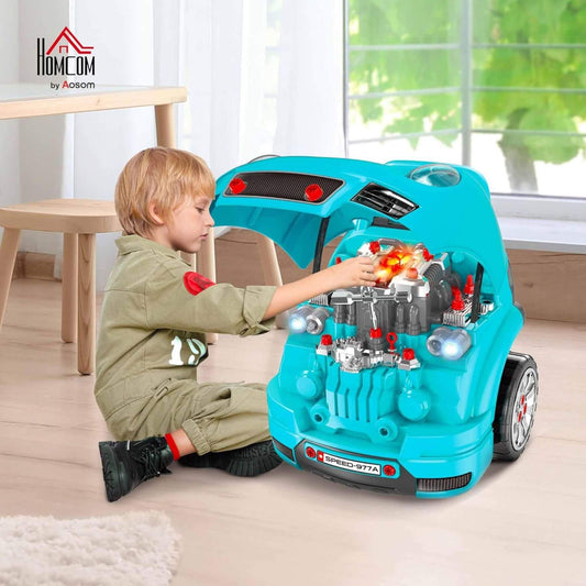 Child playing with Qaba Mechanic Kids Truck Engine Toy Set Teal in a bright room.