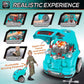 Qaba Mechanic Kids Truck Engine Toy Set Teal with open hood showing engine components, surrounded by instructional panels and a child model.