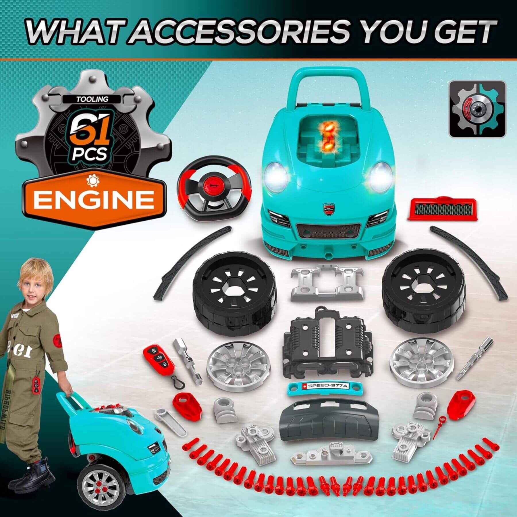 Qaba Mechanic Kids Truck Engine Toy Set Teal with accessories and a child model, featuring text about the number of pieces included.