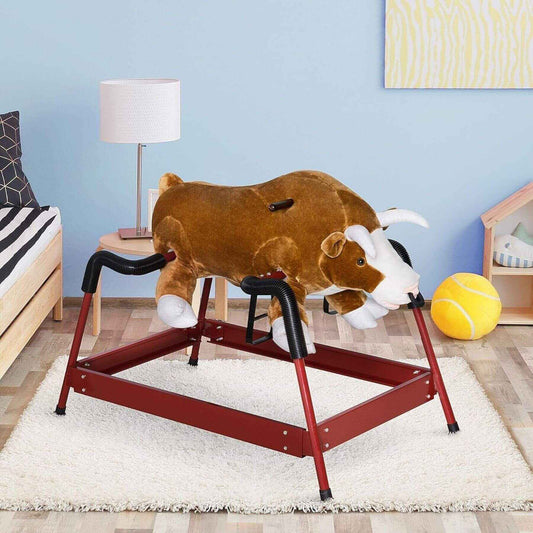Qaba Ride On Rocking Horse Rodeo Bull Style with Realistic Sounds Brown in a room with a lamp and ball.