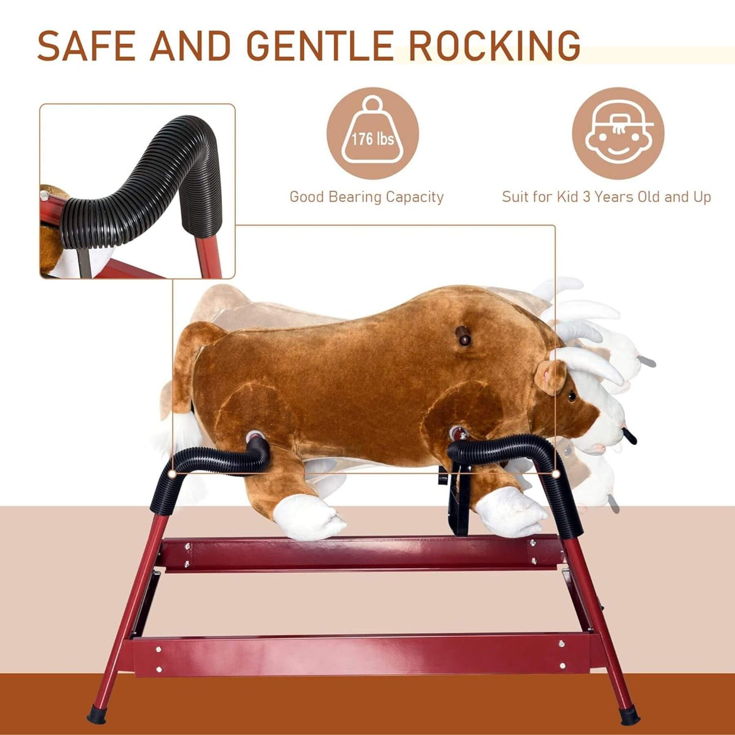 Qaba Ride On Rocking Horse Rodeo Bull Style with Realistic Sounds Brown and safety features on a beige background