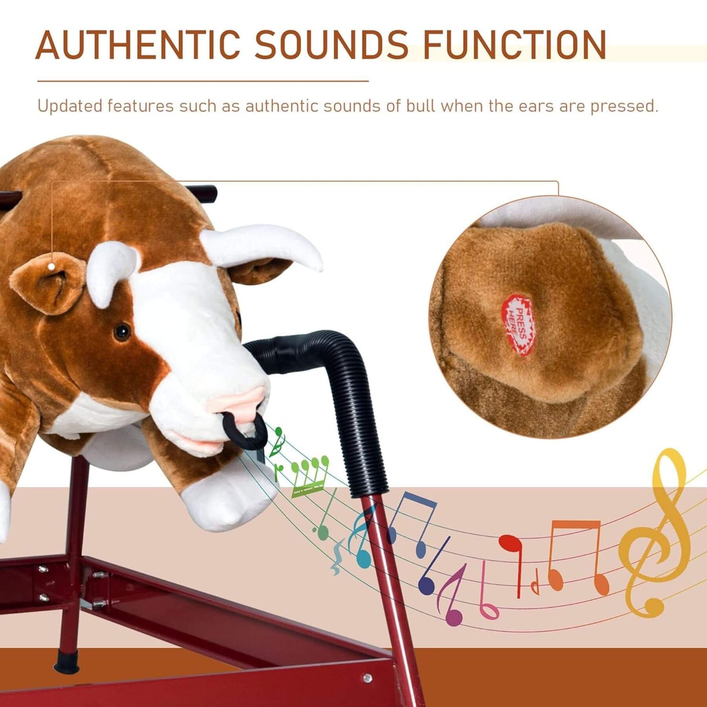 Qaba Ride On Rocking Horse Rodeo Bull Style with Realistic Sounds Brown, showing a close-up of the ear and musical notes indicating sound function.