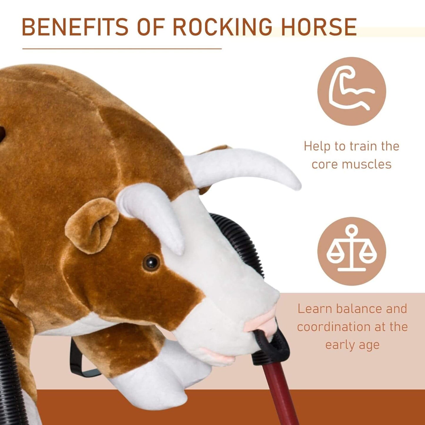 Qaba Ride On Rocking Horse Rodeo Bull Style with Realistic Sounds Brown with text on benefits on a beige background
