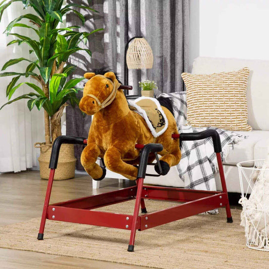 Qaba Ride on Horse with Animal Sounds Brown in a living room setting with a couch and plants.