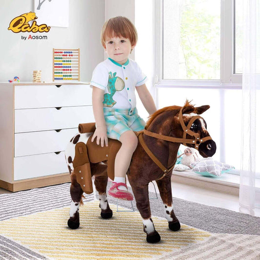 Child riding Qaba Ride On Horse with Neighing and Galloping Sound Brown in a room with a dresser and window.