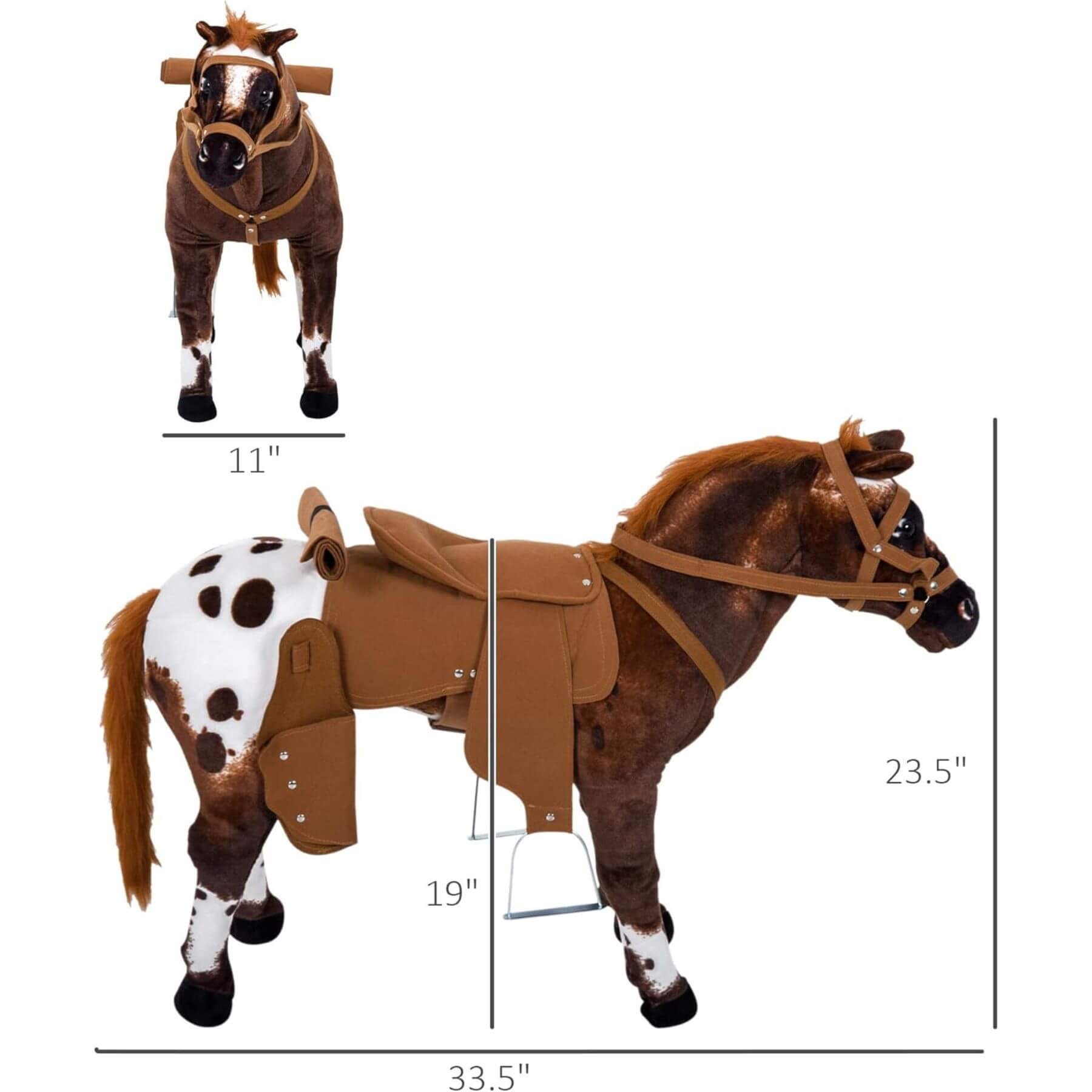 Qaba Ride On Horse with Neighing and Galloping Sound Brown with measurements on a white background