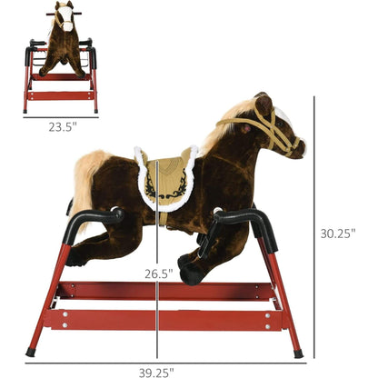 Qaba Ride on Horse with Animal Sounds Dark Brown with measurements on a white background