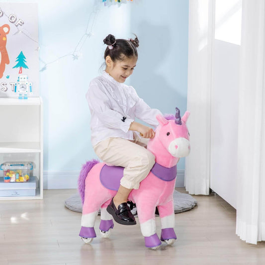 Child riding Qaba Ride On Real Walking Unicorn with Sparkly Horn Pink in a room with toys and decor.