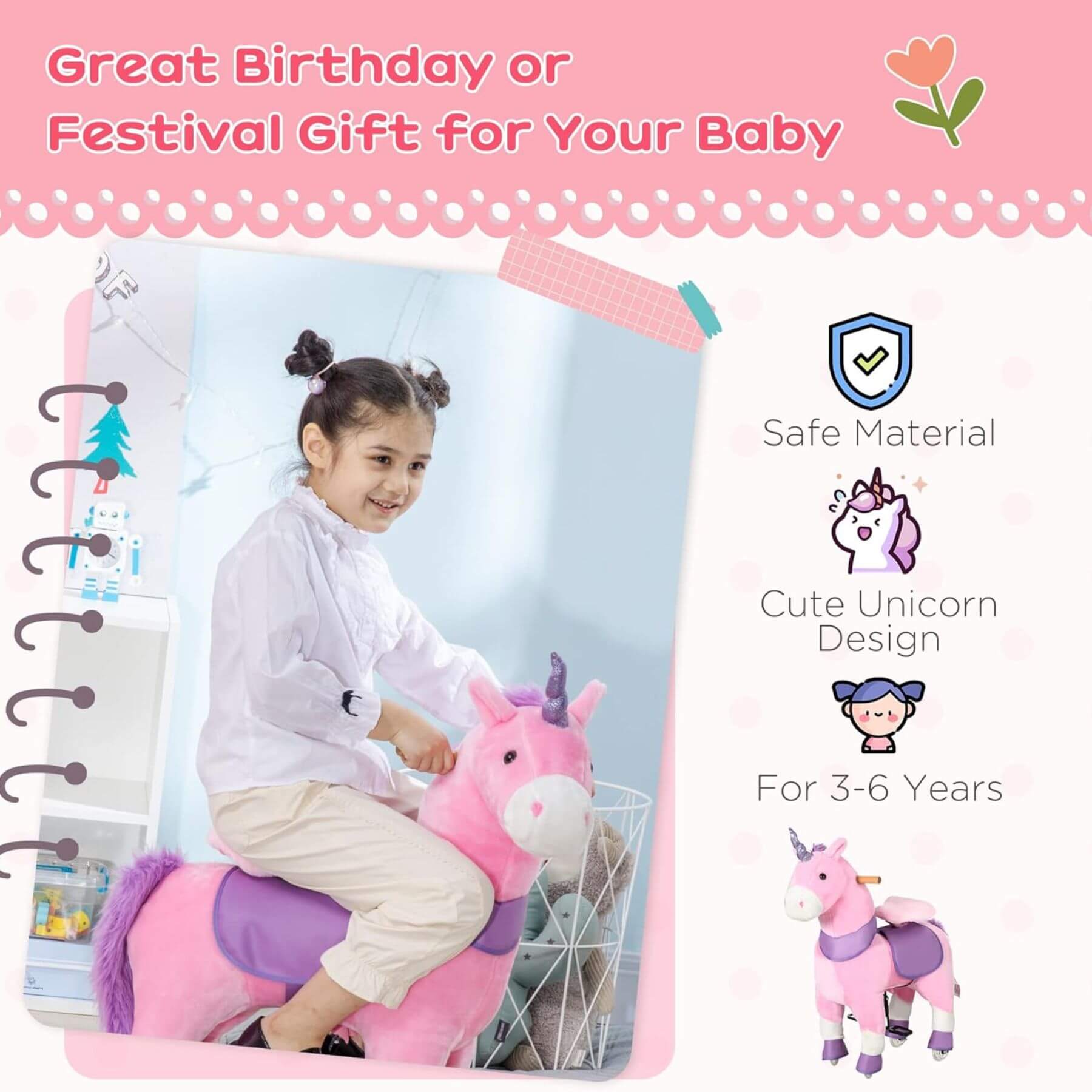 Child riding Qaba Ride On Real Walking Unicorn with Sparkly Horn Pink with product features highlighted