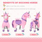 Qaba Ride On Real Walking Unicorn with Sparkly Horn Pink with benefits listed on a white background
