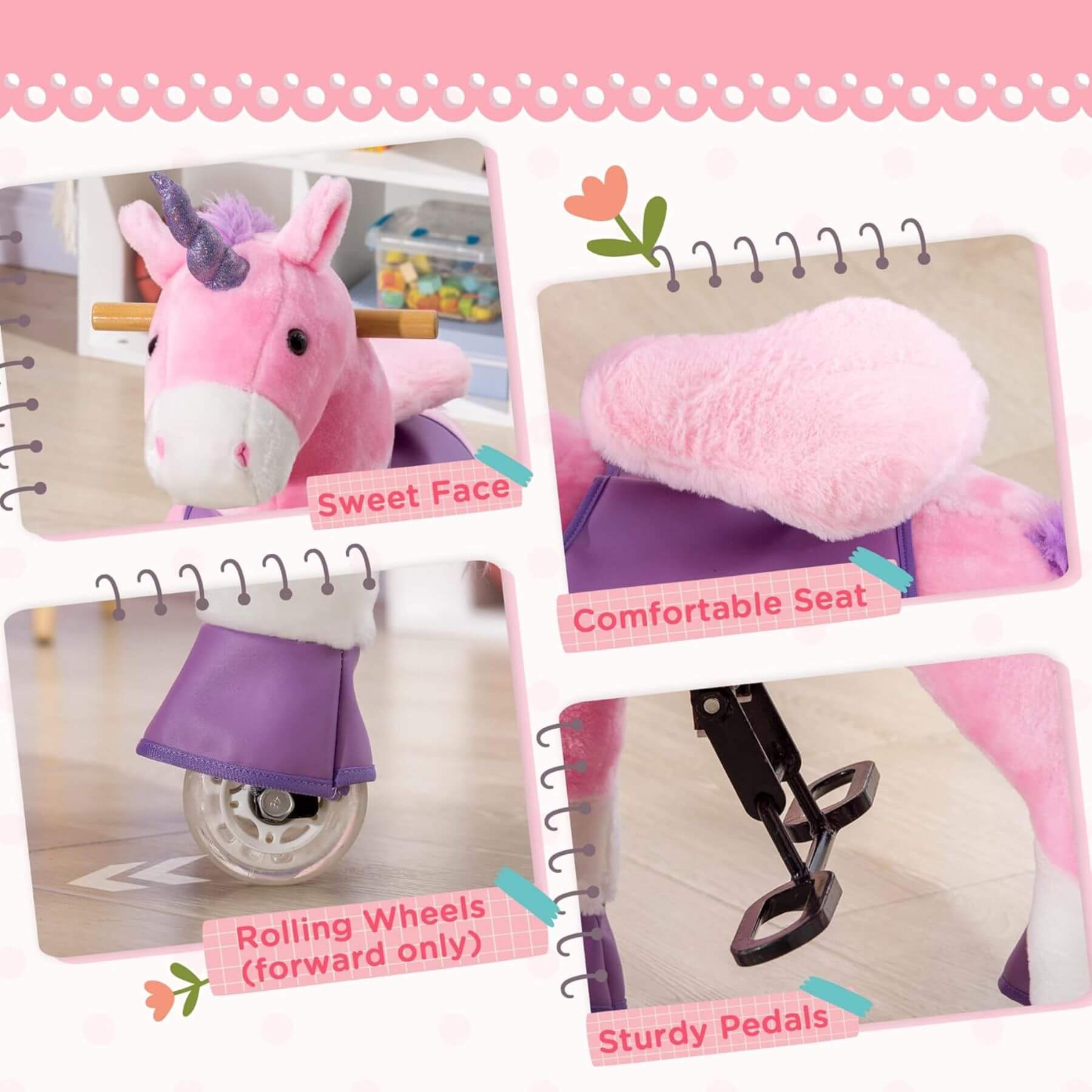 Collage of Qaba Ride On Real Walking Unicorn with Sparkly Horn Pink with features highlighted on a pink background.