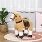 Qaba Ride-on Walking Rolling Kids Horse Brown in a room with a plant and pink bag.