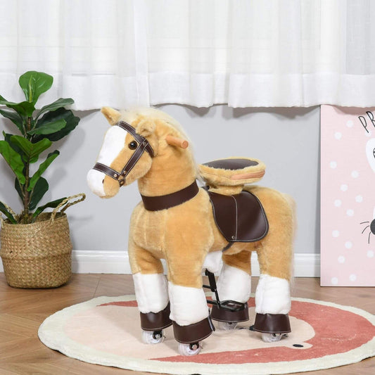 Qaba Ride-on Walking Rolling Kids Horse Brown in a room with a plant and pink bag.