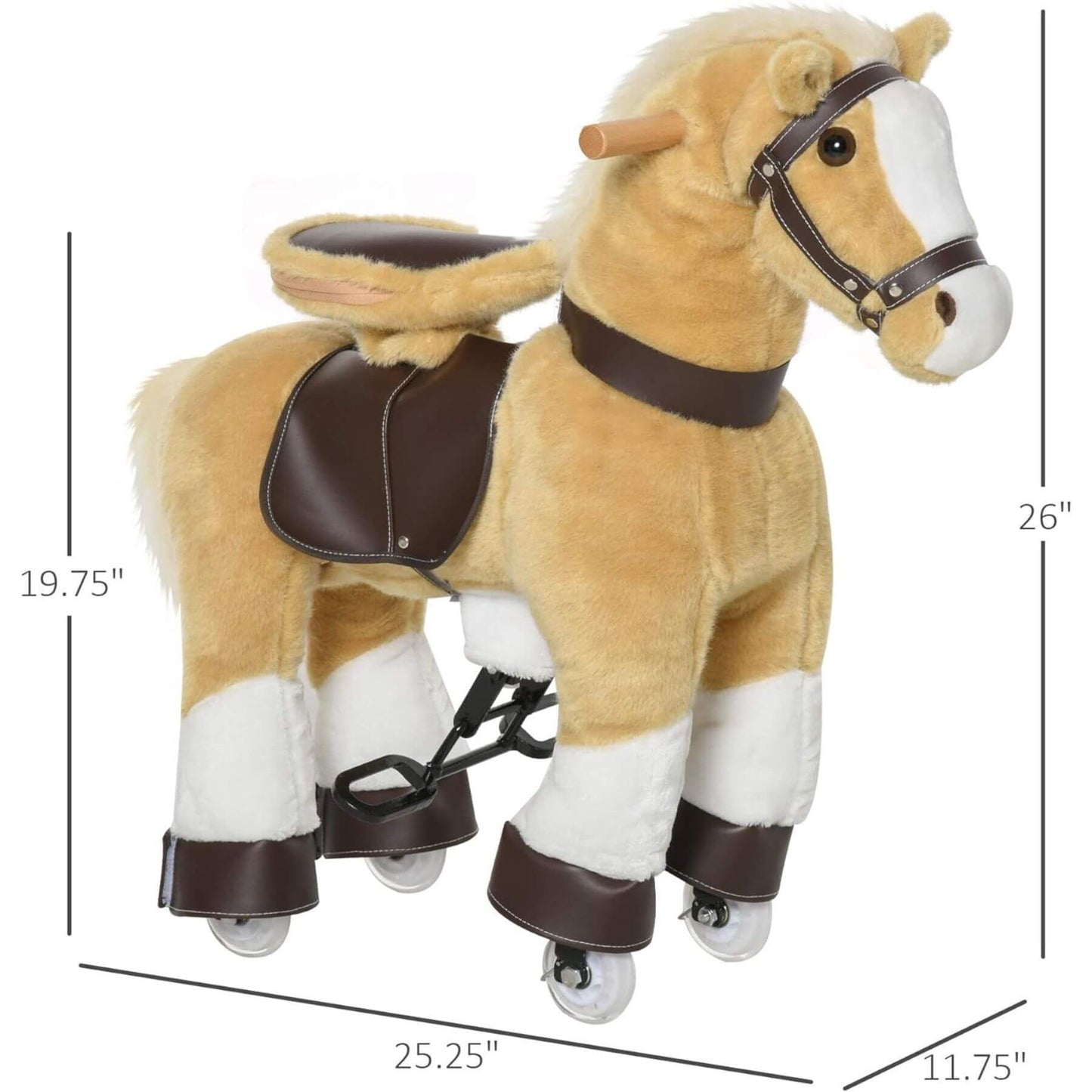 Qaba Ride-on Walking Rolling Kids Horse Brown and measurements on a white background