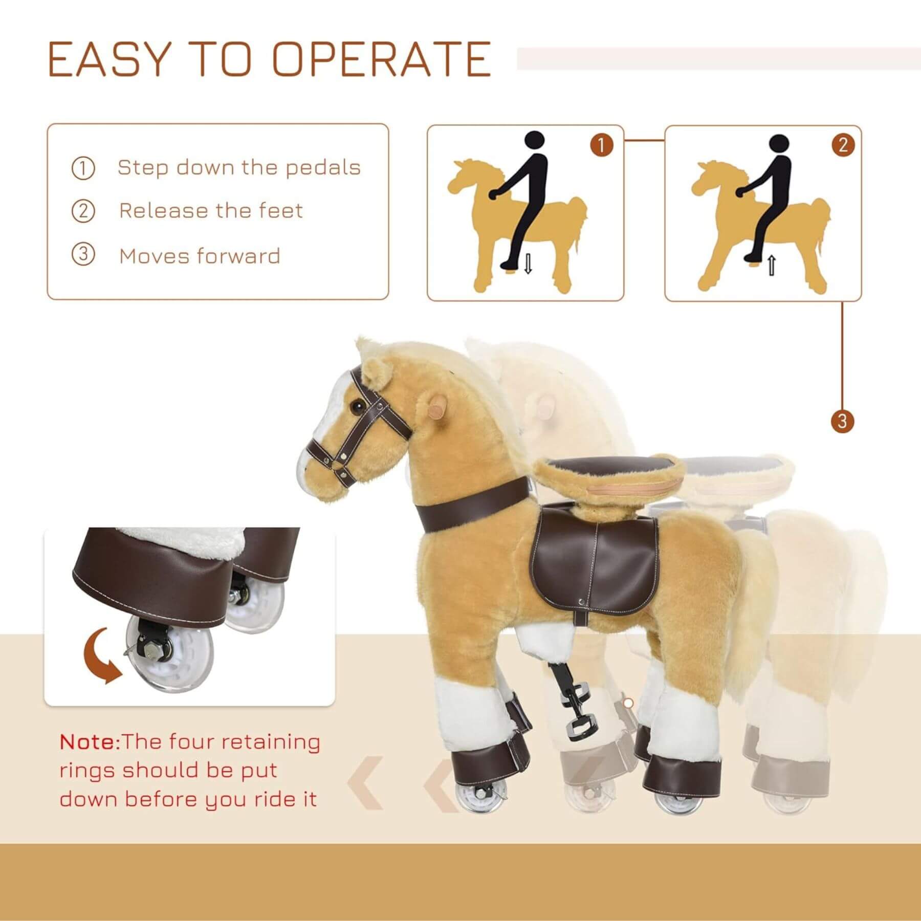 Qaba Ride-on Walking Rolling Kids Horse Brown and operating instructions on a beige background